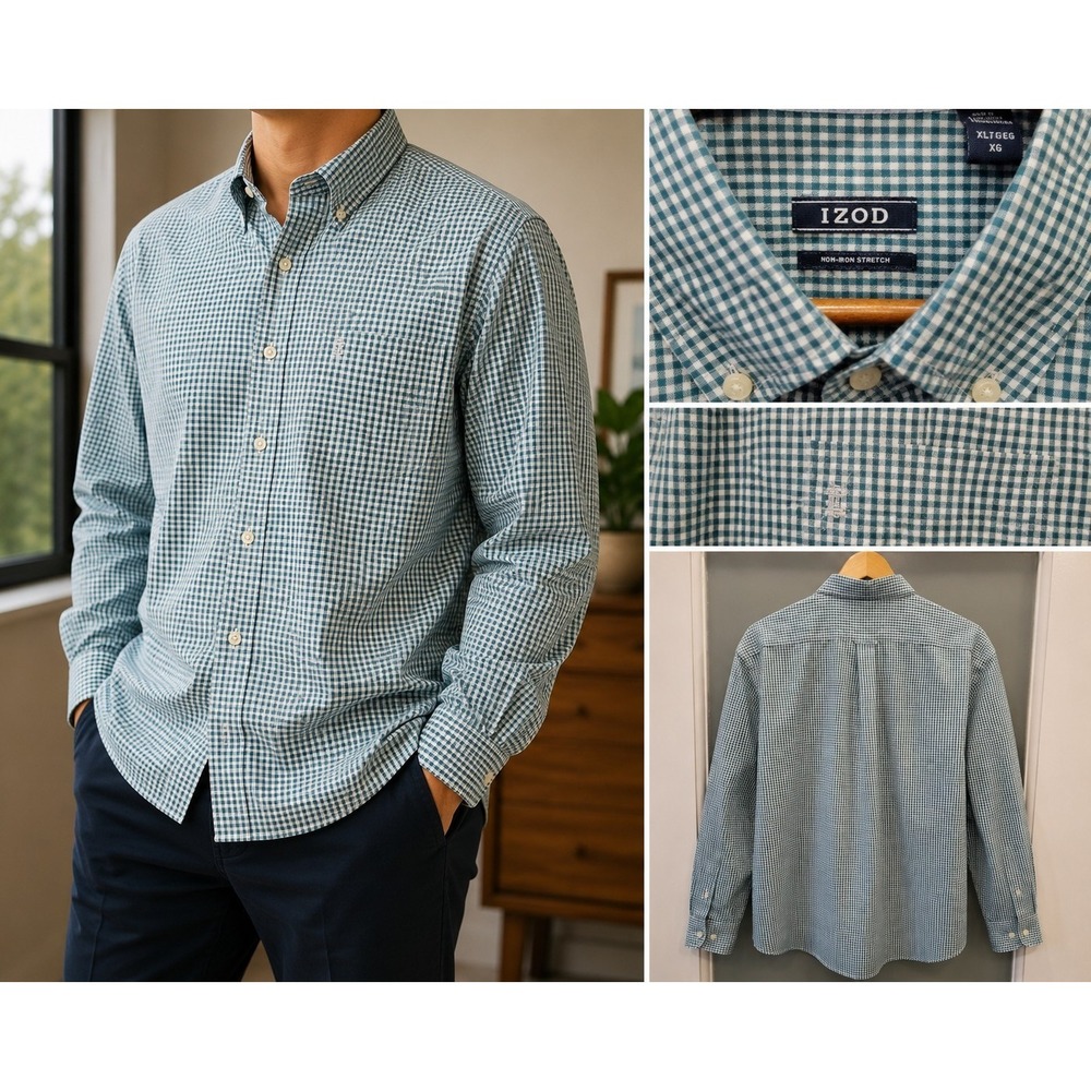 IZOD Men's XLT Green White Gingham Check Button Down Shirt Long Sleeve Non-Iron